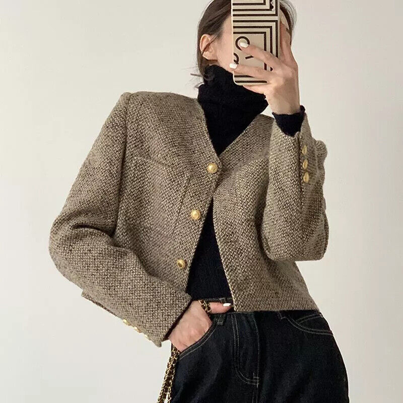 Tailored Women's Cropped Blazer with Gold-Tone Buttons for Office & Casual Wear 0
