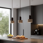 TravertColonna Cylindrical Travertine & Walnut Pendant Light - Japandi LED Ceiling Lamp