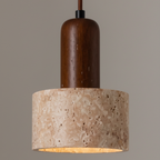 TravertColonna Cylindrical Travertine & Walnut Pendant Light - Japandi LED Ceiling Lamp