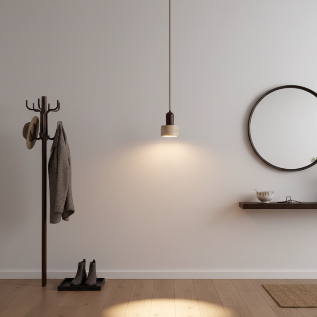 TravertColonna Cylindrical Travertine & Walnut Pendant Light - Japandi LED Ceiling Lamp