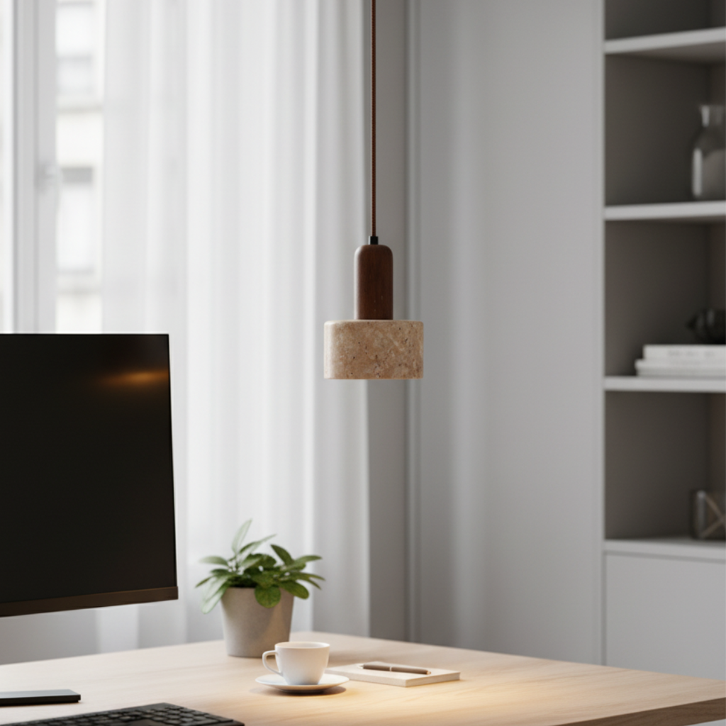 TravertColonna Cylindrical Travertine & Walnut Pendant Light - Japandi LED Ceiling Lamp