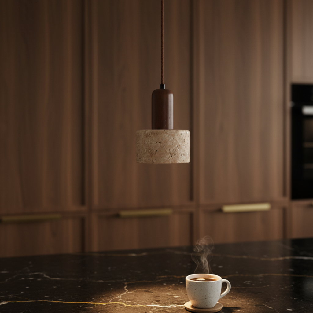 TravertColonna Cylindrical Travertine & Walnut Pendant Light - Japandi LED Ceiling Lamp