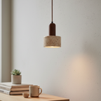 TravertColonna Cylindrical Travertine & Walnut Pendant Light - Japandi LED Ceiling Lamp