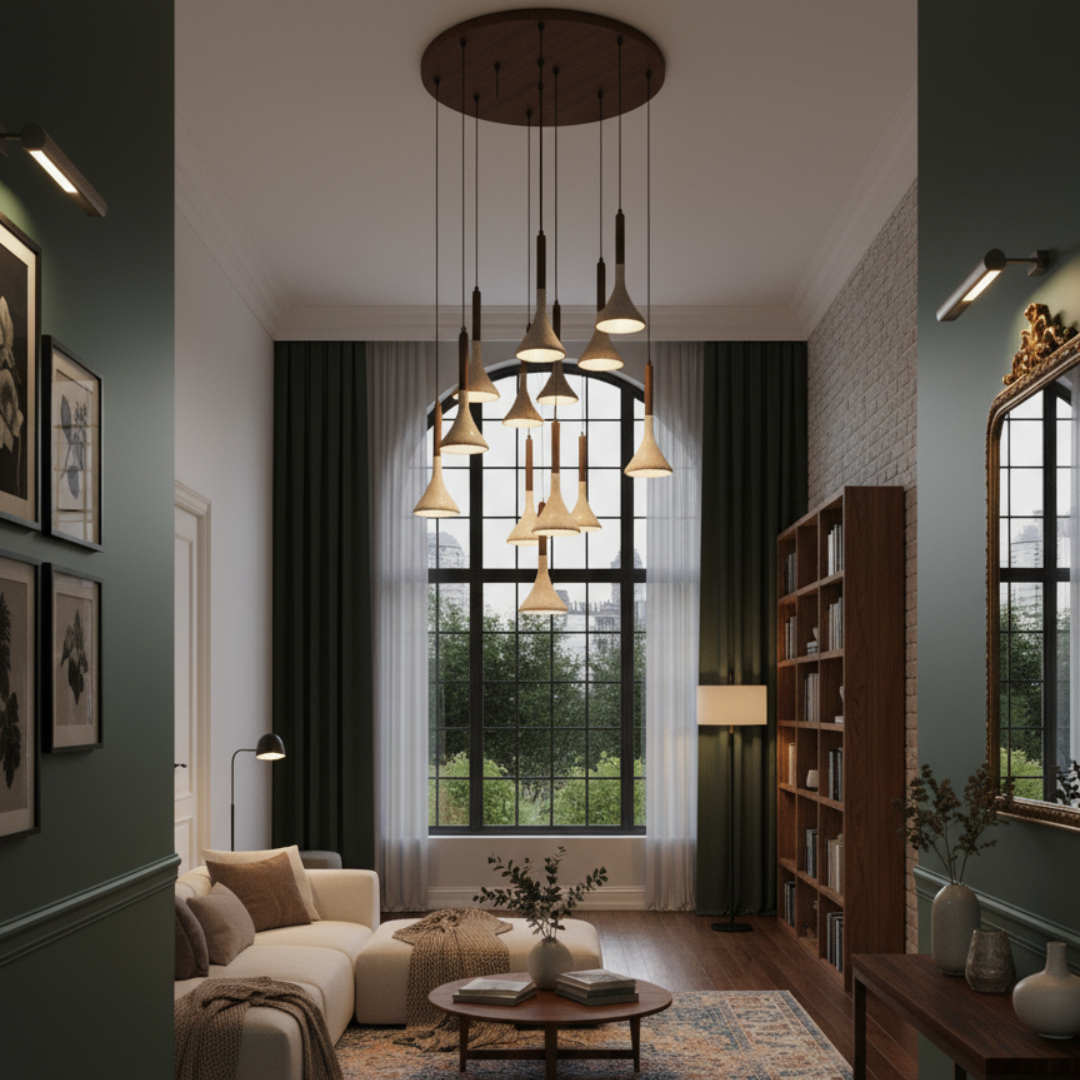 TravertCono Tapered Travertine & Walnut Pendant Light - Japandi Minimalist LED Ceiling Lamp