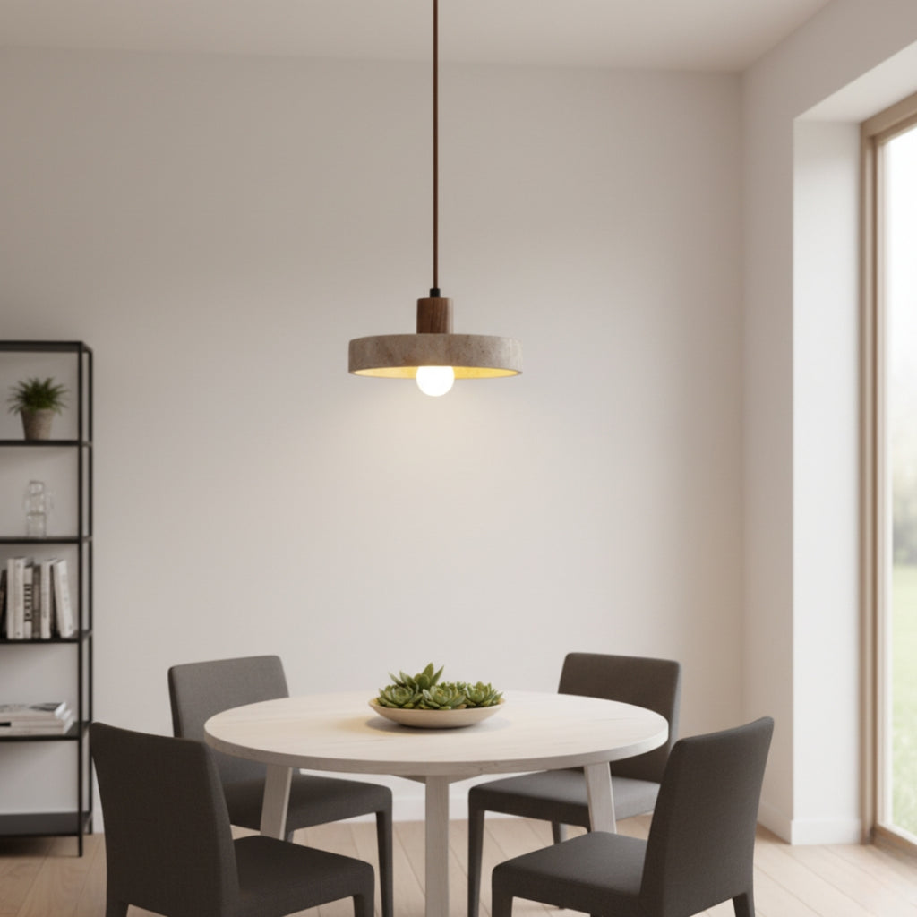 TravertLignum Travertine & Walnut Pendant Light - Japandi Minimalist E27 Ceiling Lamp