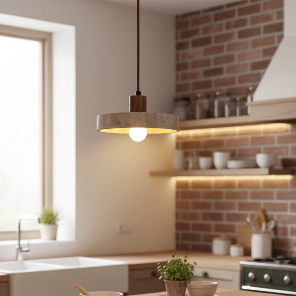 TravertLignum Travertine & Walnut Pendant Light - Japandi Minimalist E27 Ceiling Lamp