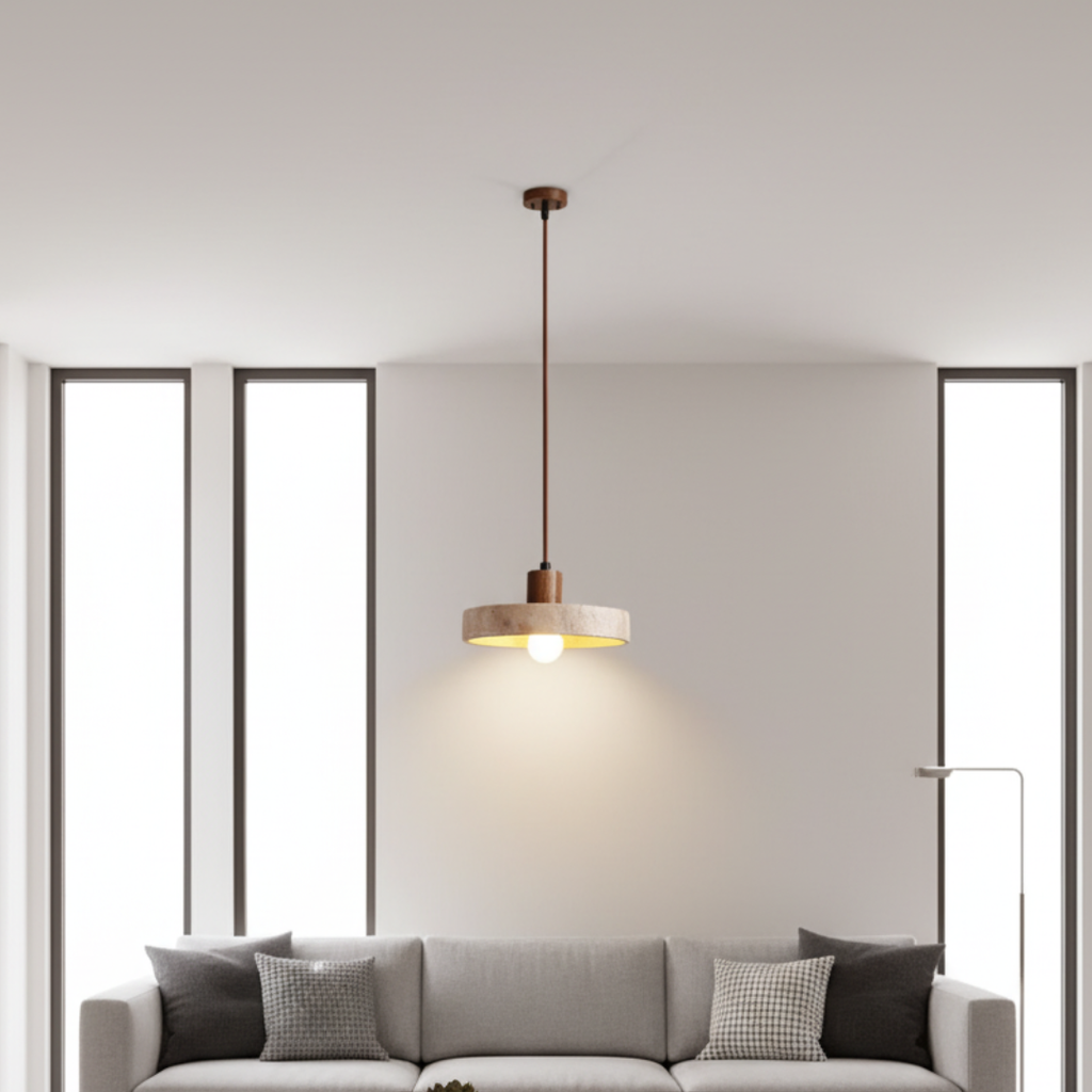 TravertLignum Travertine & Walnut Pendant Light - Japandi Minimalist E27 Ceiling Lamp