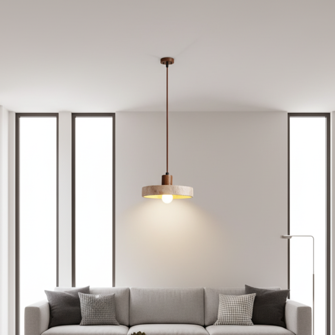 TravertLignum Travertine & Walnut Pendant Light - Japandi Minimalist E27 Ceiling Lamp