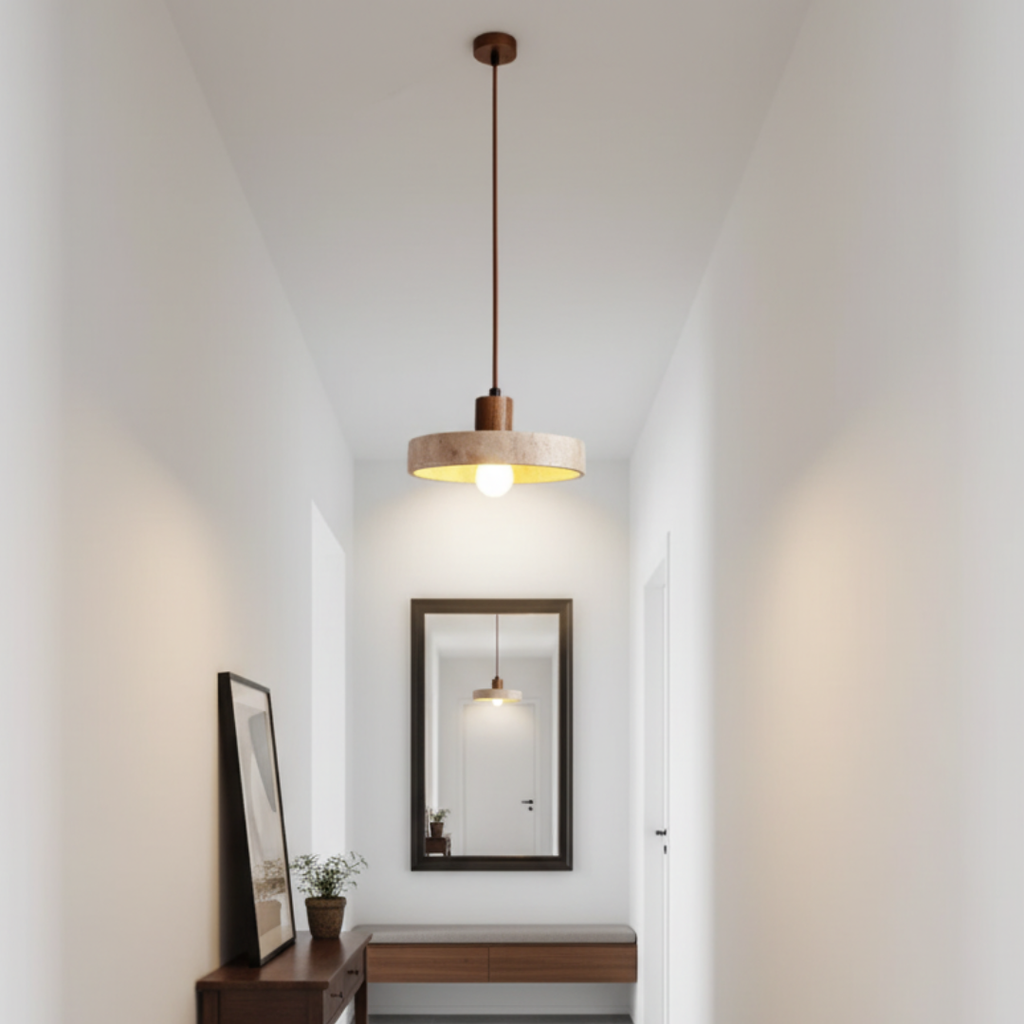 TravertLignum Travertine & Walnut Pendant Light - Japandi Minimalist E27 Ceiling Lamp