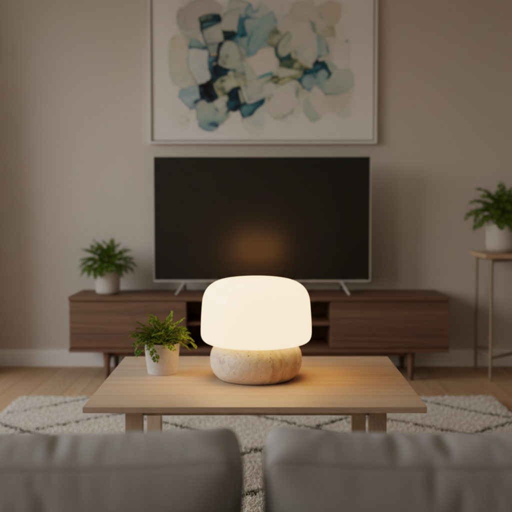 TravertLuna Yellow Travertine Table Lamp - Japandi Opal Glass Dome Desk Light