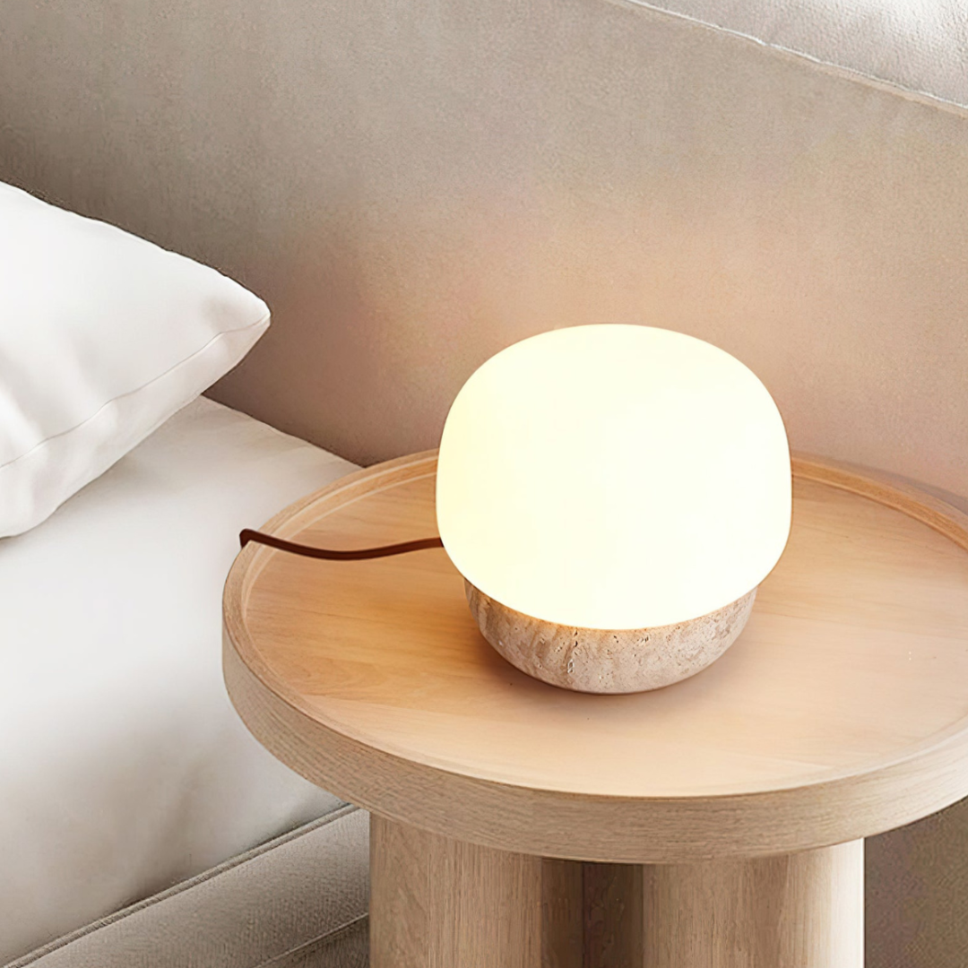 TravertLuna Yellow Travertine Table Lamp - Japandi Opal Glass Dome Desk Light