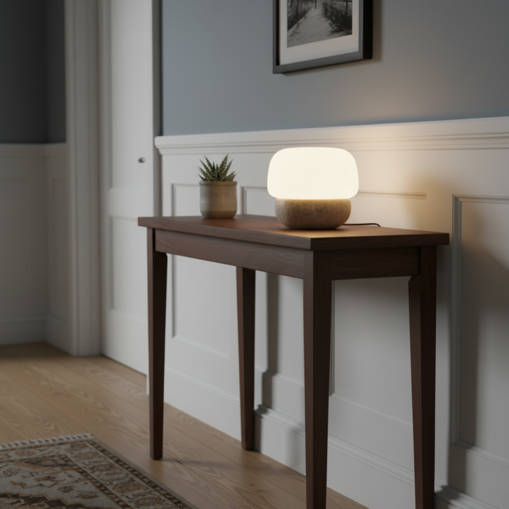 TravertLuna Yellow Travertine Table Lamp - Japandi Opal Glass Dome Desk Light