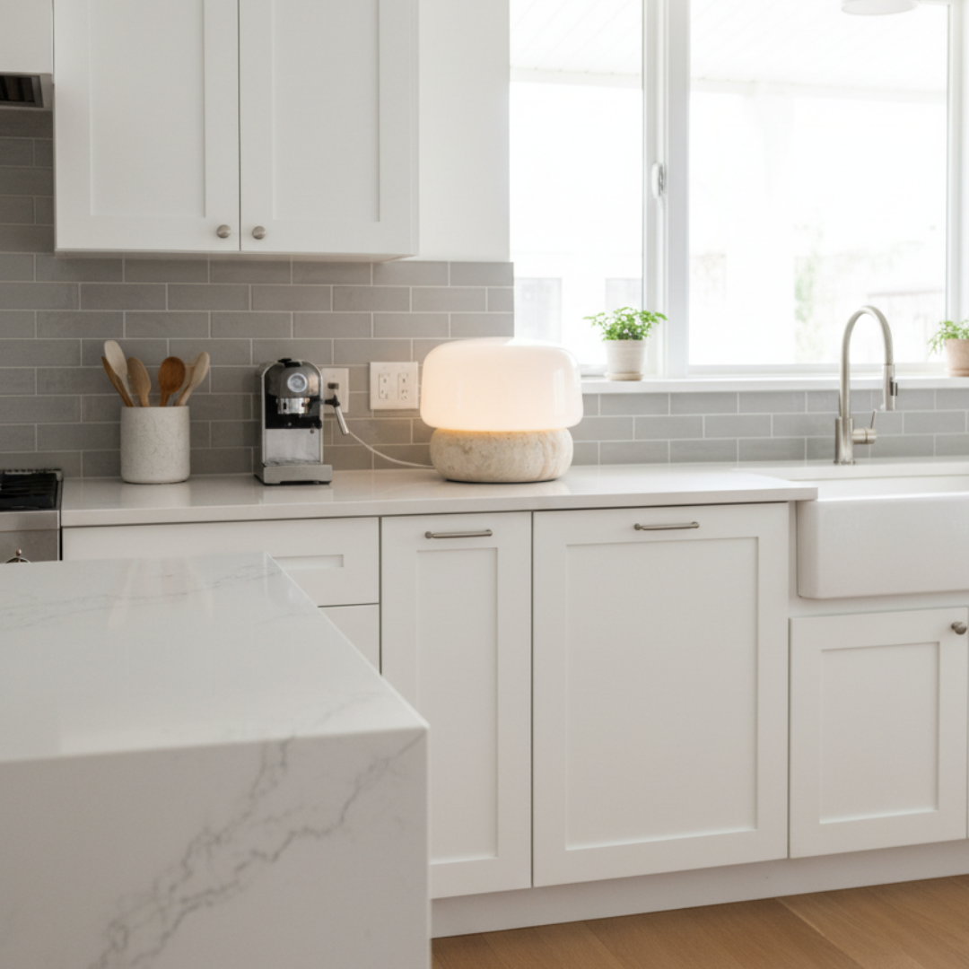 TravertLuna Yellow Travertine Table Lamp - Japandi Opal Glass Dome Desk Light