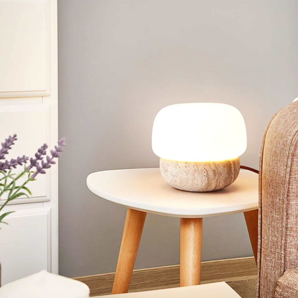 TravertLuna Yellow Travertine Table Lamp - Japandi Opal Glass Dome Desk Light