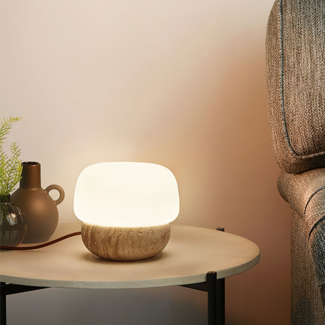 TravertLuna Yellow Travertine Table Lamp - Japandi Opal Glass Dome Desk Light