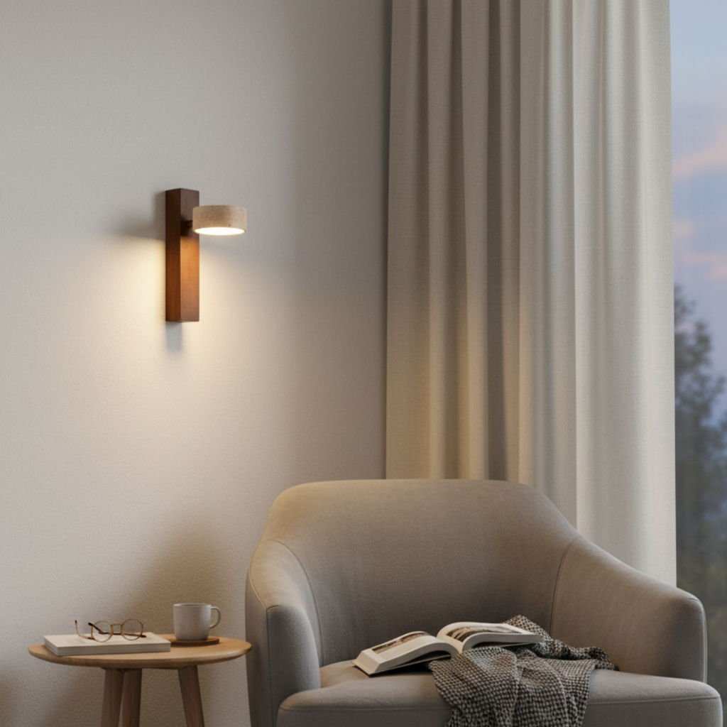 TravertSilva Adjustable Wall Sconce - Natural Travertine & Walnut Wood LED Lamp