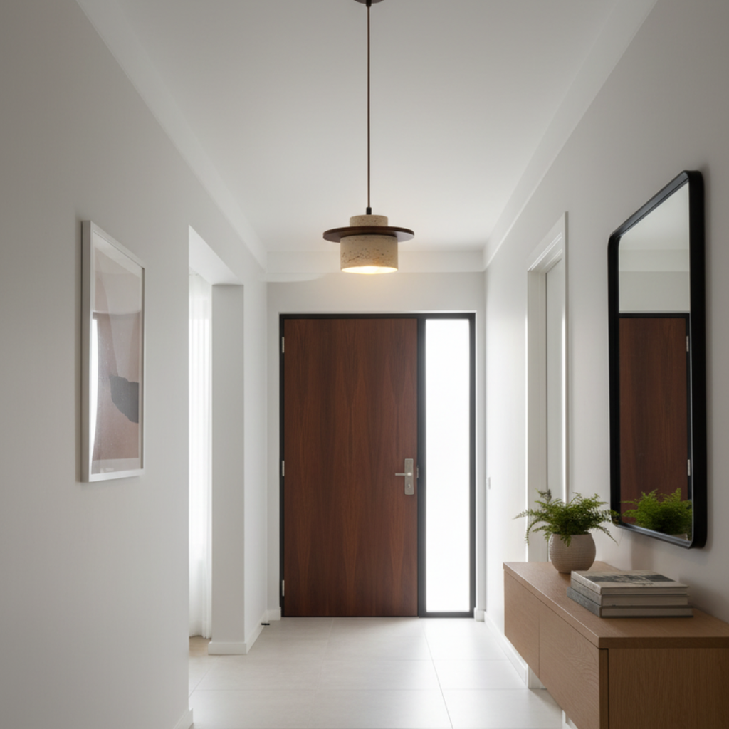 TravertStrata Travertine & Walnut Pendant Light - Japandi Minimalist E27 Ceiling Lamp
