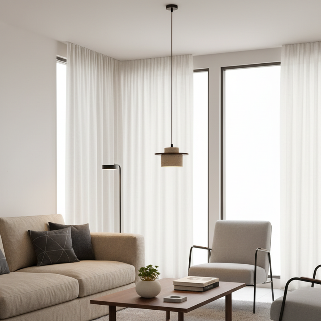 TravertStrata Travertine & Walnut Pendant Light - Japandi Minimalist E27 Ceiling Lamp