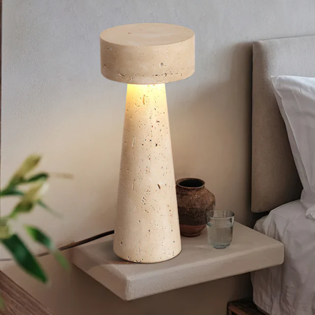 TravertUmbra Travertine Mushroom Lamp - Modern Minimalist Stone Table Light