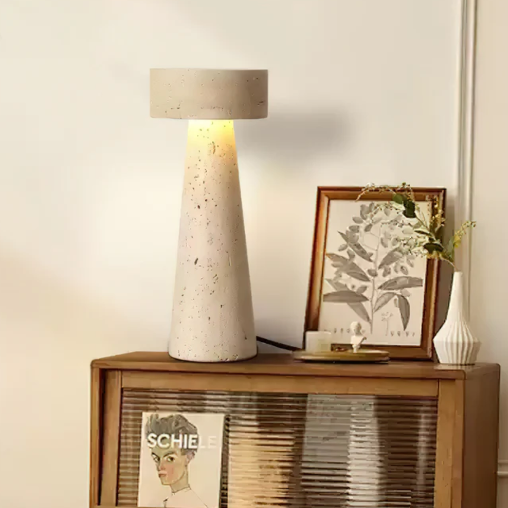 TravertUmbra Travertine Mushroom Lamp - Modern Minimalist Stone Table Light