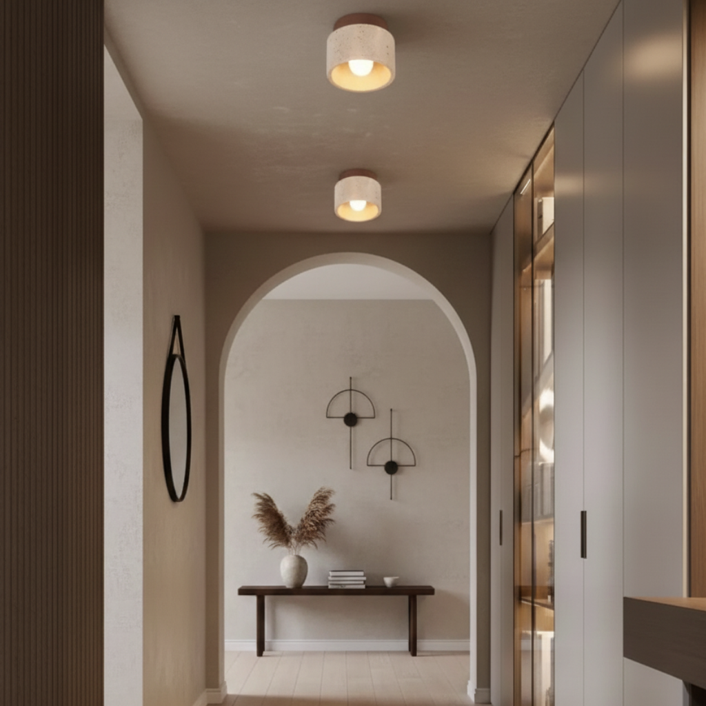 Travertine Stone Ceiling Light - Organic Modern Small Flush Mount for Hallway & Bedroom