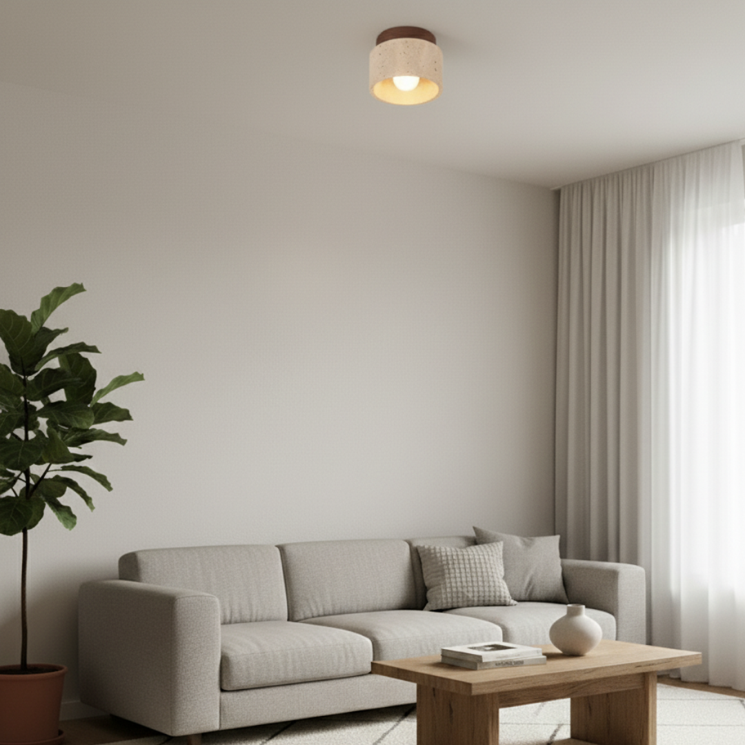 Travertine Stone Ceiling Light - Organic Modern Small Flush Mount for Hallway & Bedroom