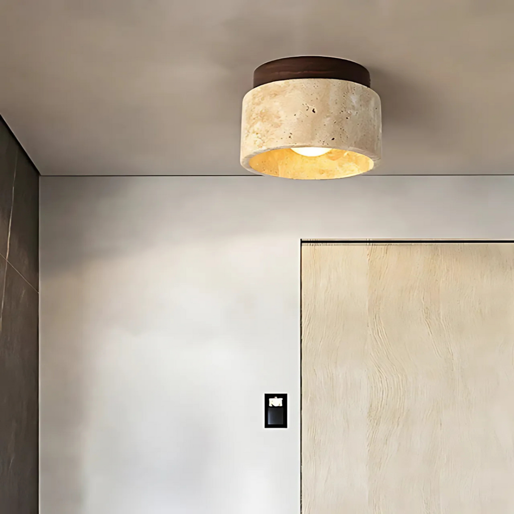 Travertine Stone Ceiling Light - Organic Modern Small Flush Mount for Hallway & Bedroom