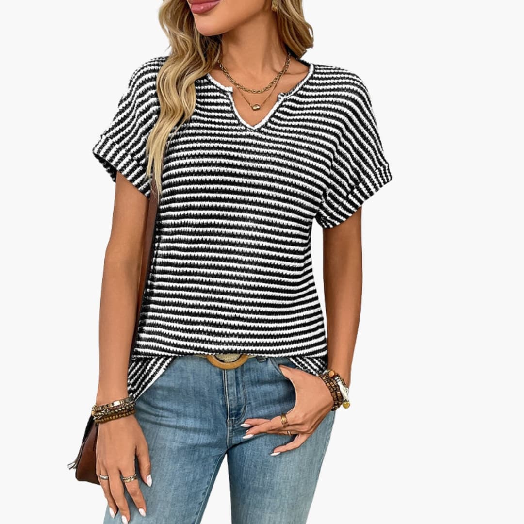 Vera Women's T-Shirt | Striped V-Neck, Short Sleeve, Polyester Spandex Blend 0