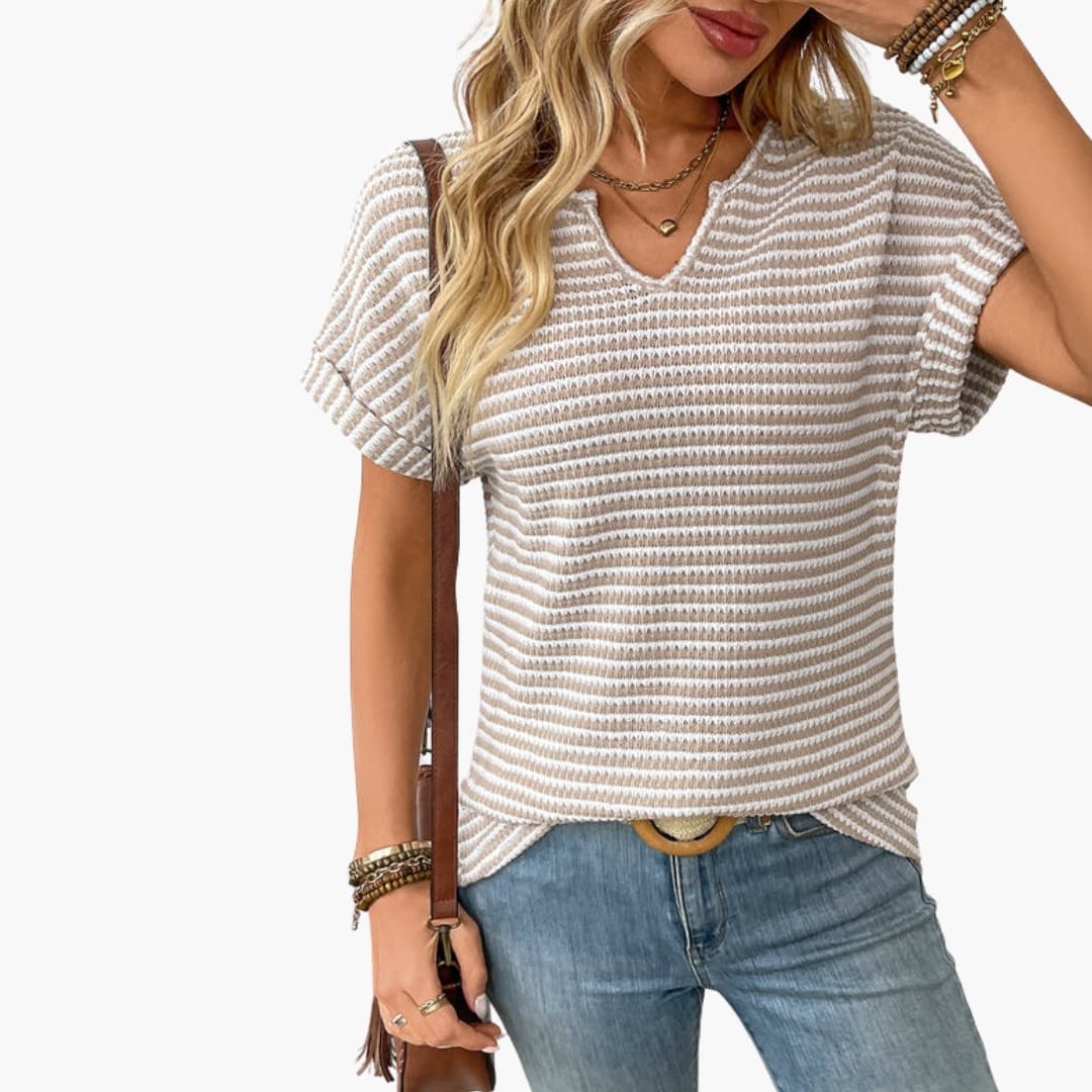 Vera Women's T-Shirt | Striped V-Neck, Short Sleeve, Polyester Spandex Blend 1