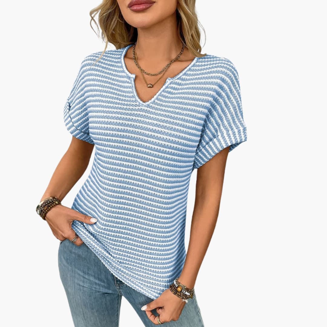 Vera Women's T-Shirt | Striped V-Neck, Short Sleeve, Polyester Spandex Blend 2