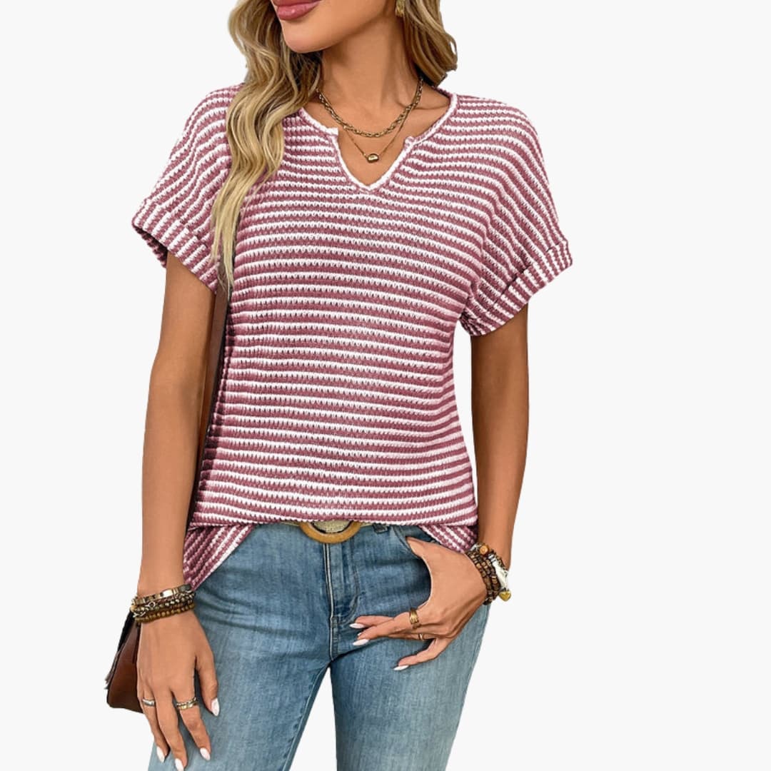 Vera Women's T-Shirt | Striped V-Neck, Short Sleeve, Polyester Spandex Blend 3