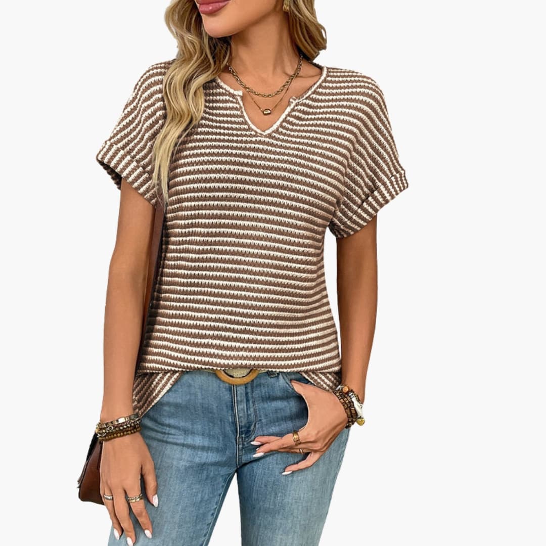 Vera Women's T-Shirt | Striped V-Neck, Short Sleeve, Polyester Spandex Blend 4