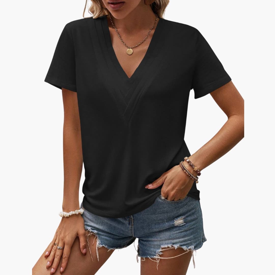 Vera Women's T-Shirt | V-Neck, Decorative Stitching, Loose Fit 0