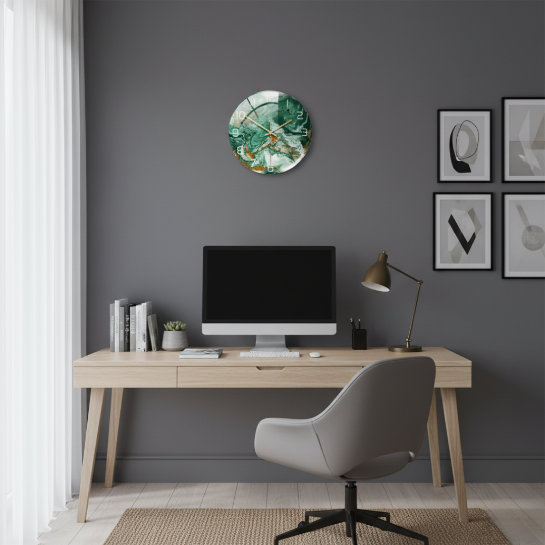 ViridMarmor Emerald Green & Gold Marble Wall Clock - Silent Quartz Acrylic Clock