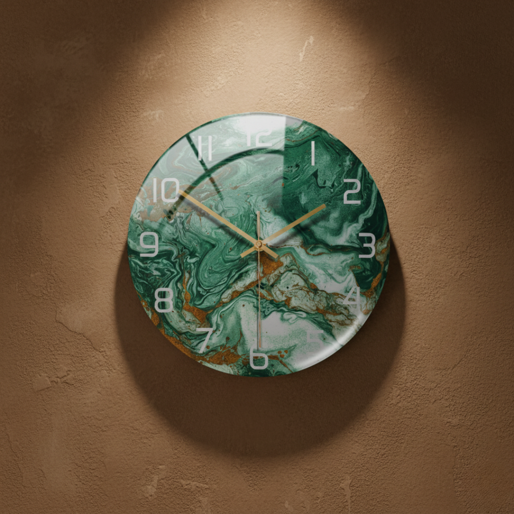 ViridMarmor Emerald Green & Gold Marble Wall Clock - Silent Quartz Acrylic Clock