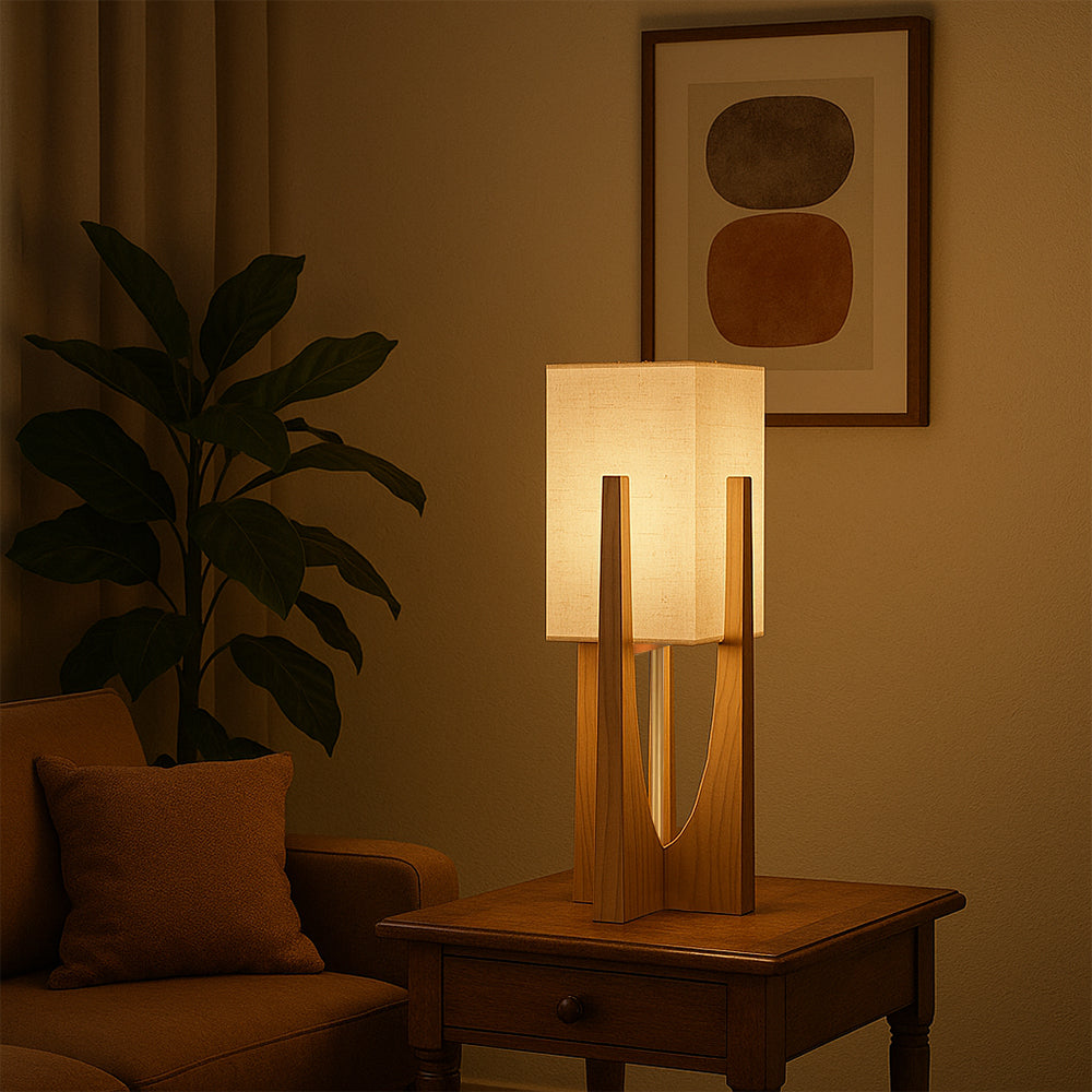 WabikoLignum Japandi Linen Floor Lamp - Minimalist Wood Standing Light, E27
