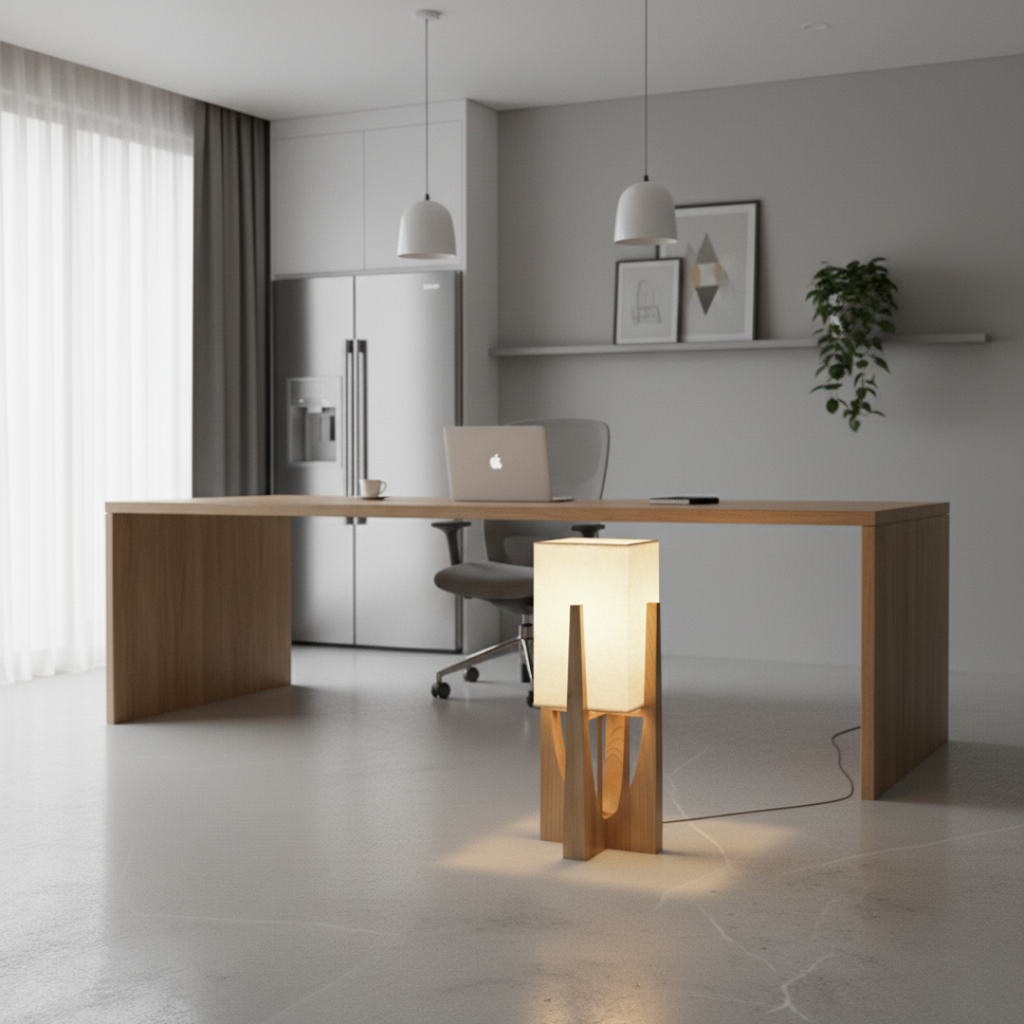 WabikoLignum Japandi Linen Floor Lamp - Minimalist Wood Standing Light, E27