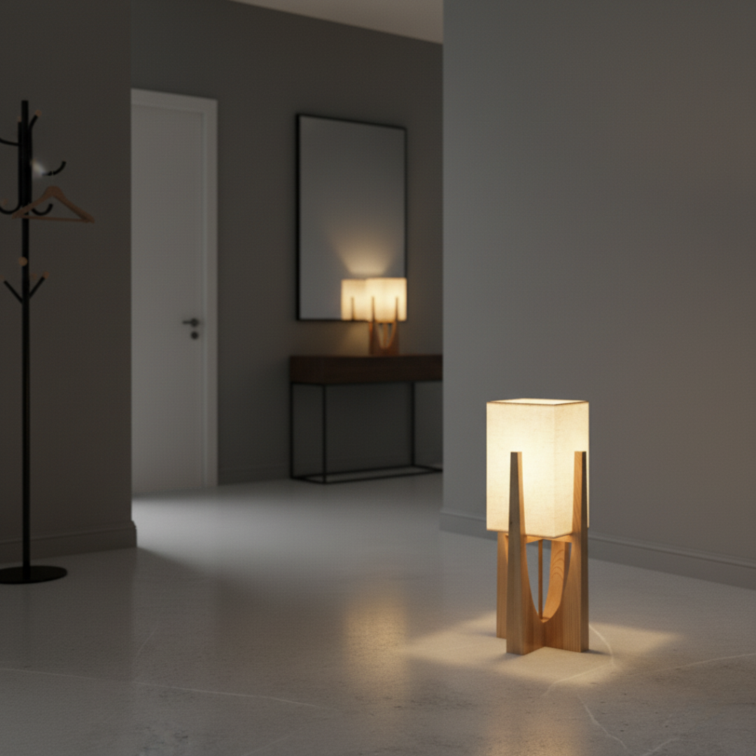 WabikoLignum Japandi Linen Floor Lamp - Minimalist Wood Standing Light, E27