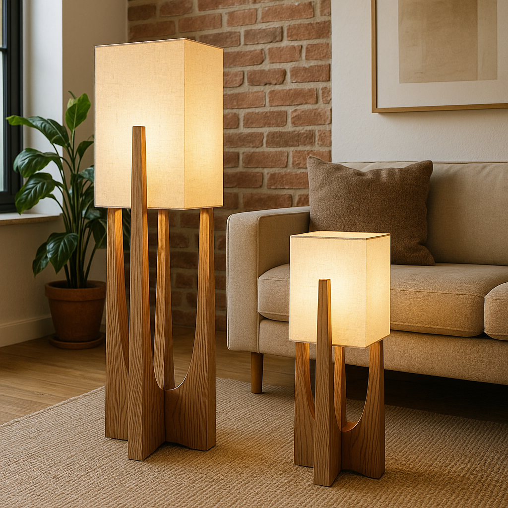 WabikoLignum Japandi Linen Floor Lamp - Minimalist Wood Standing Light, E27