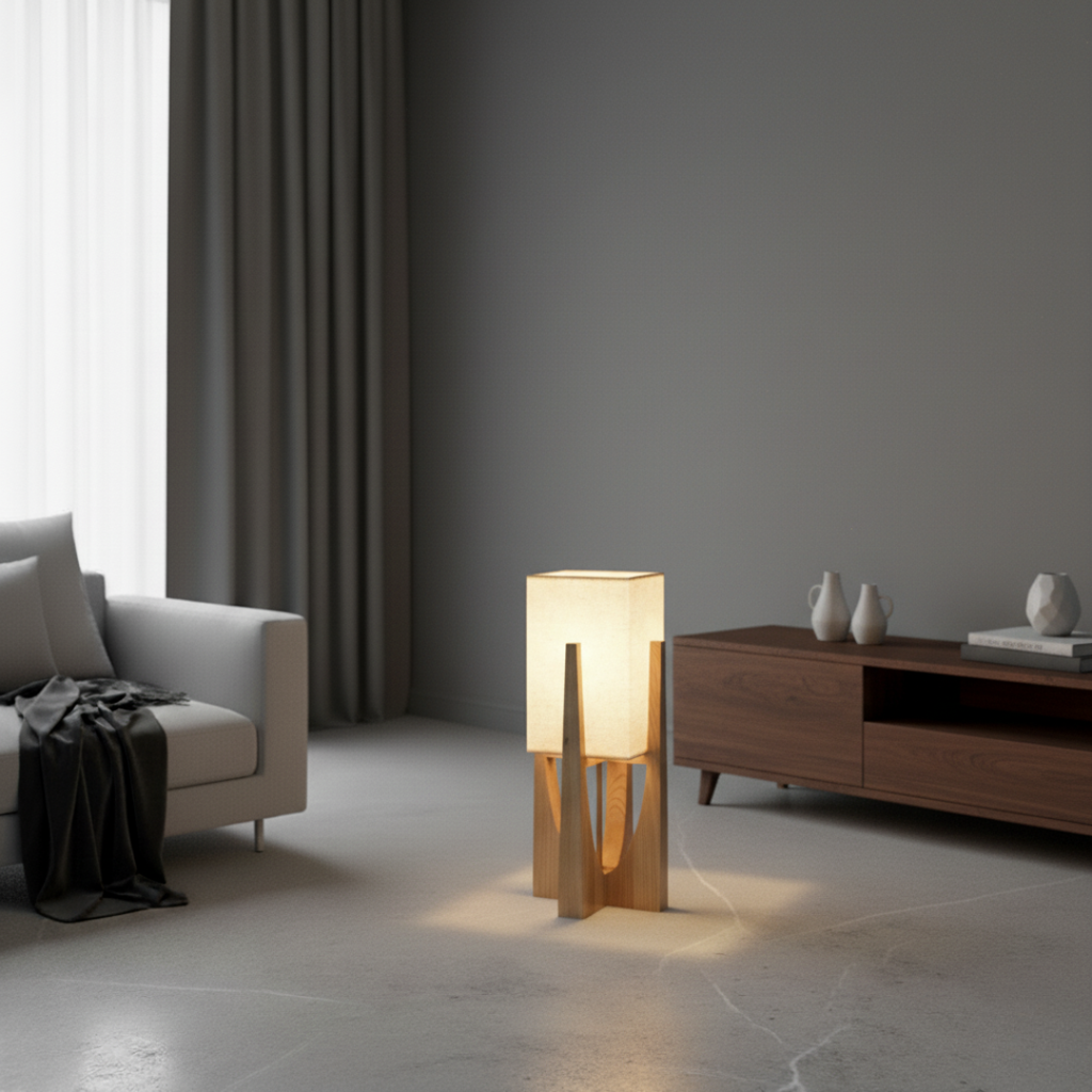 WabikoLignum Japandi Linen Floor Lamp - Minimalist Wood Standing Light, E27