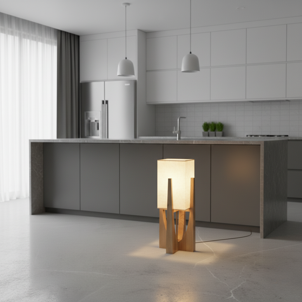 WabikoLignum Japandi Linen Floor Lamp - Minimalist Wood Standing Light, E27