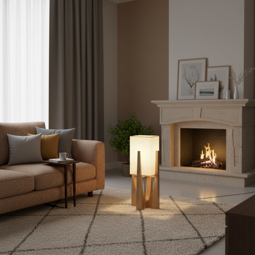 WabikoLignum Japandi Linen Floor Lamp - Minimalist Wood Standing Light, E27