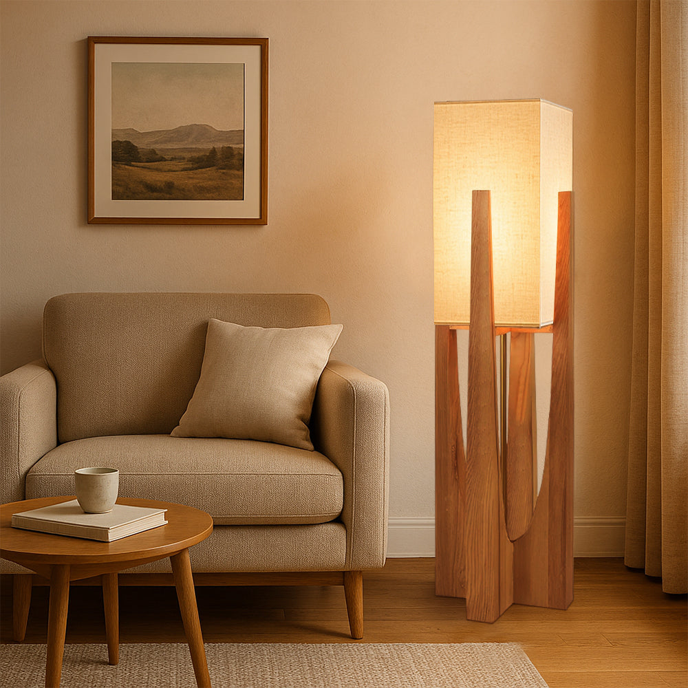 WabikoLignum Japandi Linen Floor Lamp - Minimalist Wood Standing Light, E27