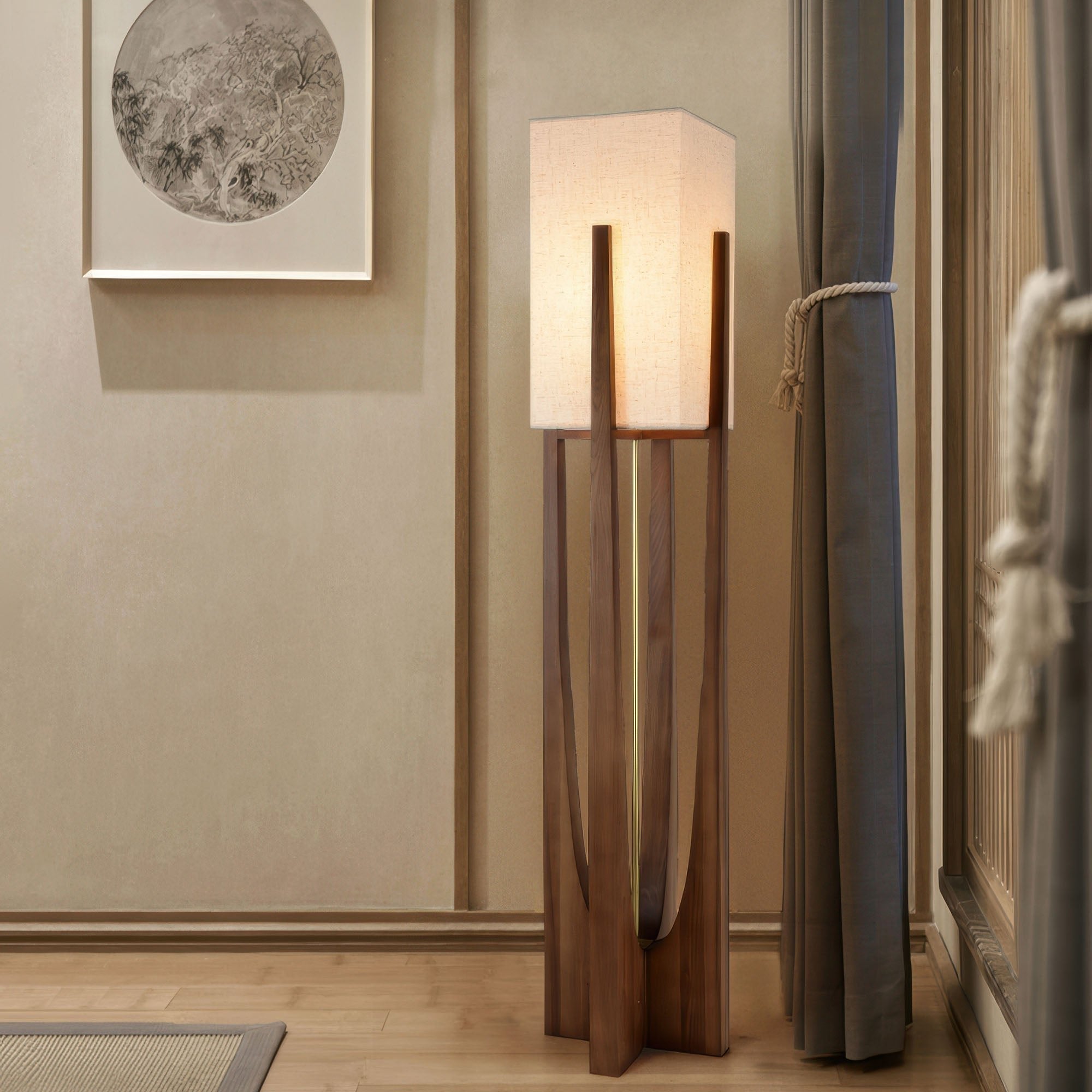 WabikoLignum Japandi Linen Floor Lamp - Minimalist Wood Standing Light, E27