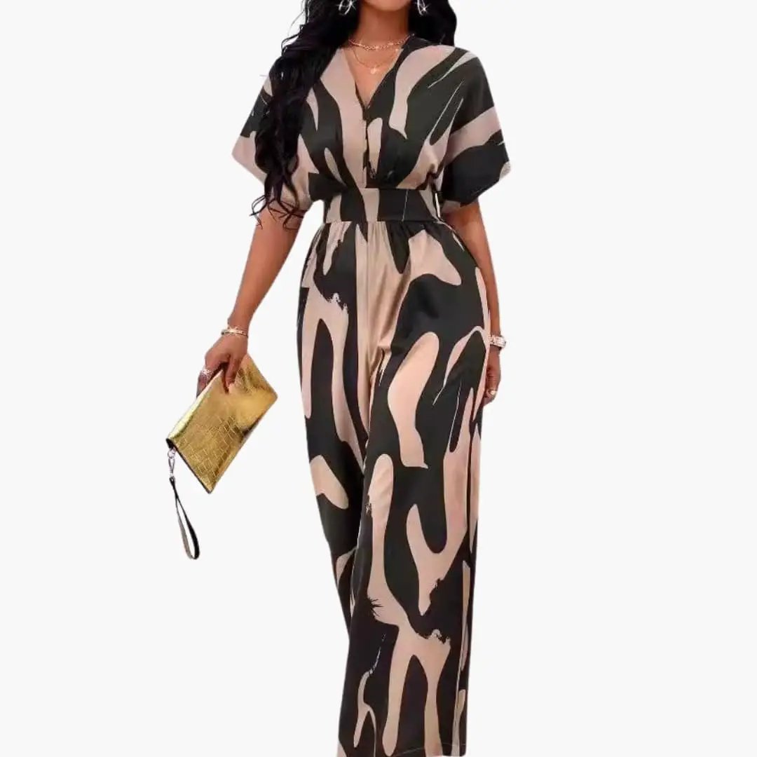 Wendy Women's Jumpsuit | Printed Wide Leg, V-Neck with Waist Belt 0