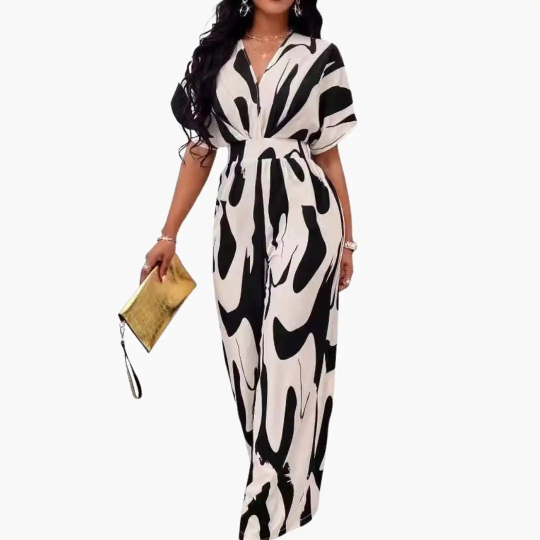 Wendy Women's Jumpsuit | Printed Wide Leg, V-Neck with Waist Belt 1