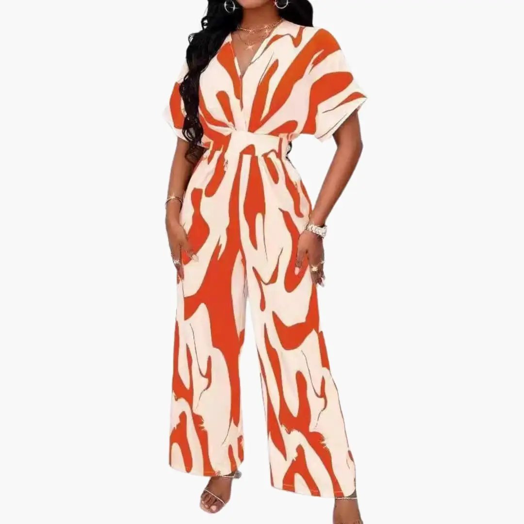 Wendy Women's Jumpsuit | Printed Wide Leg, V-Neck with Waist Belt 2