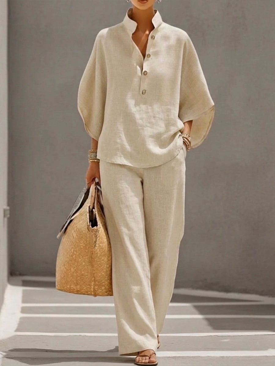 Wide Leg Coord - Women's High-Waisted Pants and Batwing Sleeve Top Set 0