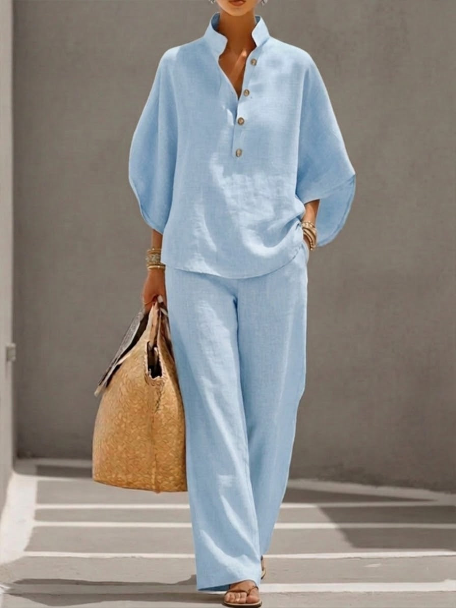 Wide Leg Coord - Women's High-Waisted Pants and Batwing Sleeve Top Set 1