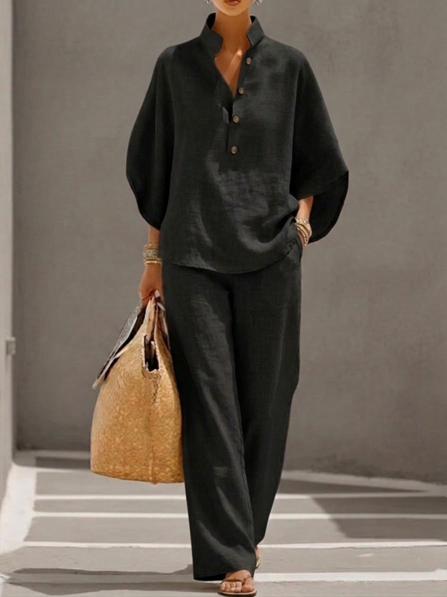 Wide Leg Coord - Women's High-Waisted Pants and Batwing Sleeve Top Set 4